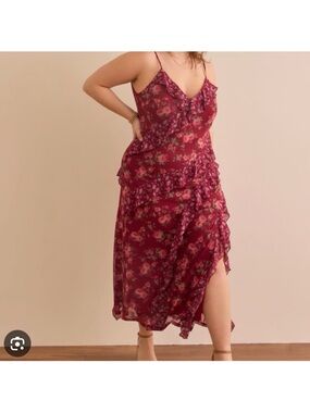 ARULA Burgundy Floral Ruffle Midi Dress